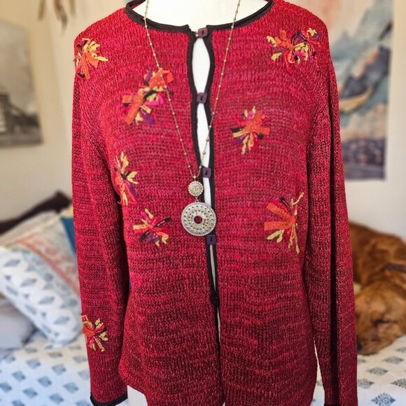 Vintage Sigrid Olsen Red Embroidered Cardigan Sweater – Size L - Picture 4 of 12